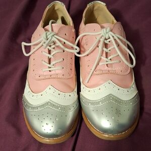 Pink, white, and silver Oxfords